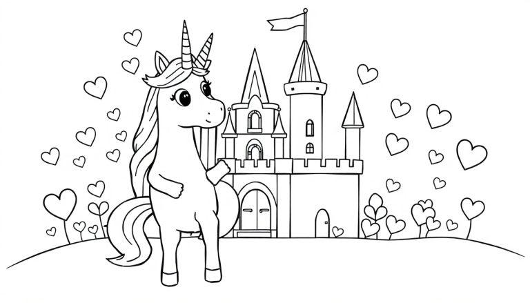 Ausmalbild eines niedlichen Einhorns mit Krone und einem märchenhaften Schloss im Hintergrund, umgeben von Herzen.