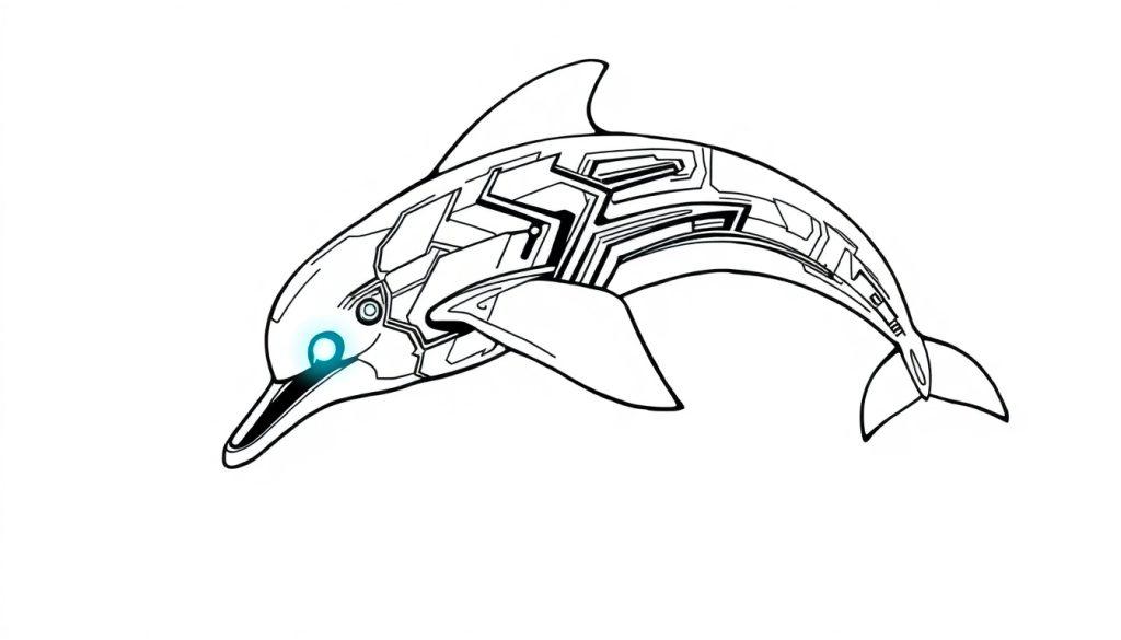 Schwarz-Weiß-Ausmalbild eines futuristischen Delfins mit geometrischen Mustern, Schaltkreisen und einem leuchtenden, kybernetischen Auge.