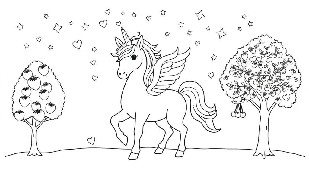 Malvorlage eines geflügelten Einhorns mit vorgewipptem Bein, daneben ein Apfelbaum und ein Baum mit verschiedenen Früchten, über allem schweben Sterne und Herzen.