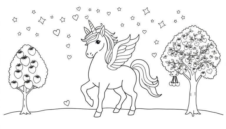 Malvorlage eines geflügelten Einhorns mit vorgewipptem Bein, daneben ein Apfelbaum und ein Baum mit verschiedenen Früchten, über allem schweben Sterne und Herzen.