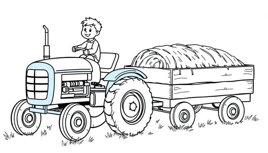Malvorlage: Kleiner Junge sitzt lachend auf einem roten Traktor, der einen Holzanhänger mit einem runden Heuballen zieht. Hinten ist grünes Gras.