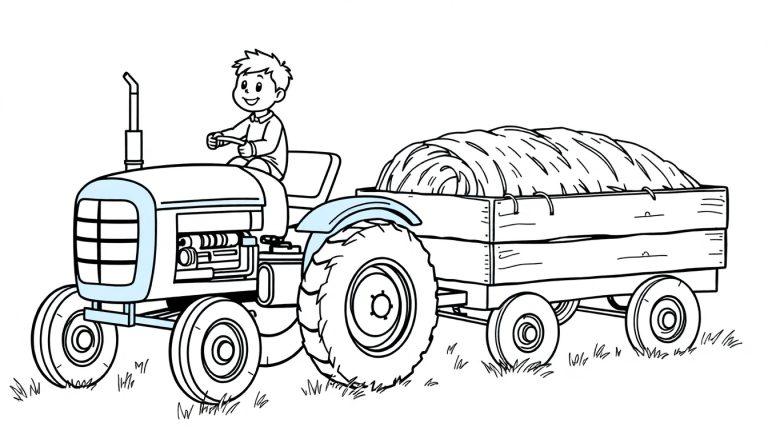 Malvorlage: Kleiner Junge sitzt lachend auf einem roten Traktor, der einen Holzanhänger mit einem runden Heuballen zieht. Hinten ist grünes Gras.