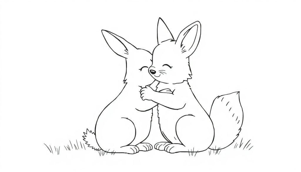 Malvorlage mit einem niedlichen Kaninchen und einem Fuchs, die sich glücklich umarmen.