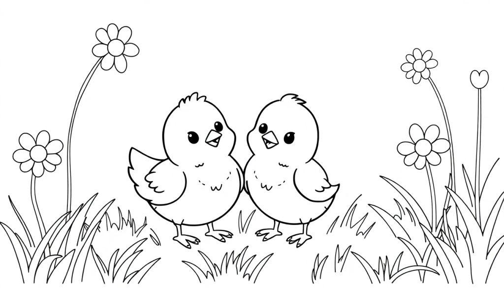 Ausmalbild von zwei niedlichen Küken, die sich im Gras unter Blumen betrachten, detaillierte Grashalme im Vordergrund.