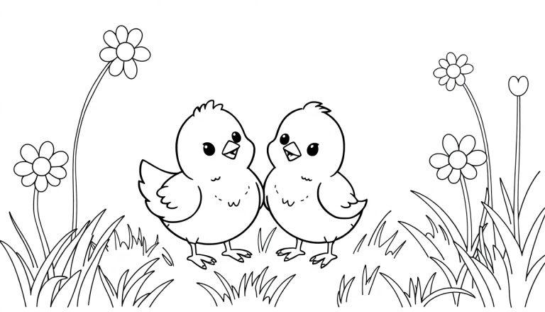 Ausmalbild von zwei niedlichen Küken, die sich im Gras unter Blumen betrachten, detaillierte Grashalme im Vordergrund.