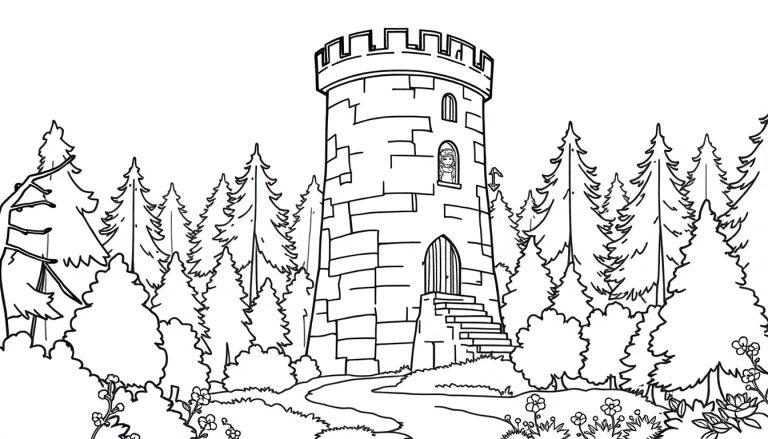 Ausmalbild: Ein runder Steinturm mit Zinnen, aus dessen Fenster eine Prinzessin schaut, umgeben von einem dichten Nadelwald und einem geschwungenen Pfad.