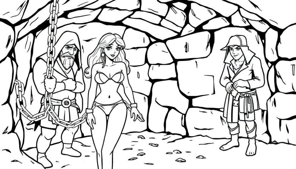 Malvorlage mit drei Personen in einer steinernen Höhle. Ein gefesselter alter Mann, eine gefesselte junge Frau und eine dritte Figur, die sie beobachtet.