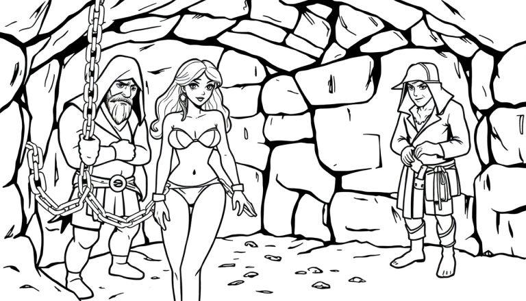 Malvorlage mit drei Personen in einer steinernen Höhle. Ein gefesselter alter Mann, eine gefesselte junge Frau und eine dritte Figur, die sie beobachtet.