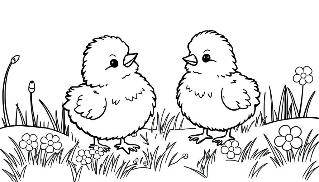 Ausmalbild von zwei süßen Küken, die sich auf einer blumenreichen Wiese anschauen.