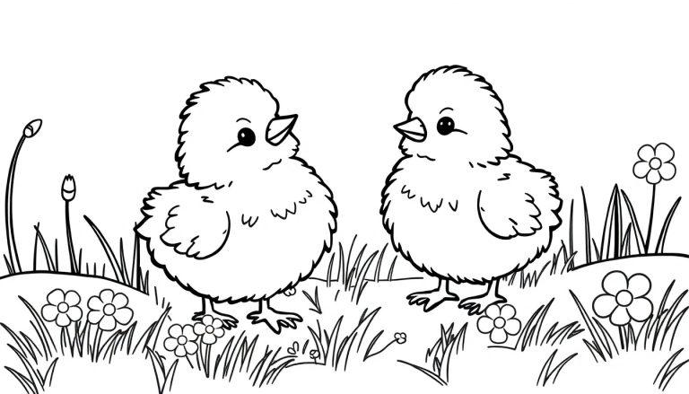 Ausmalbild von zwei süßen Küken, die sich auf einer blumenreichen Wiese anschauen.