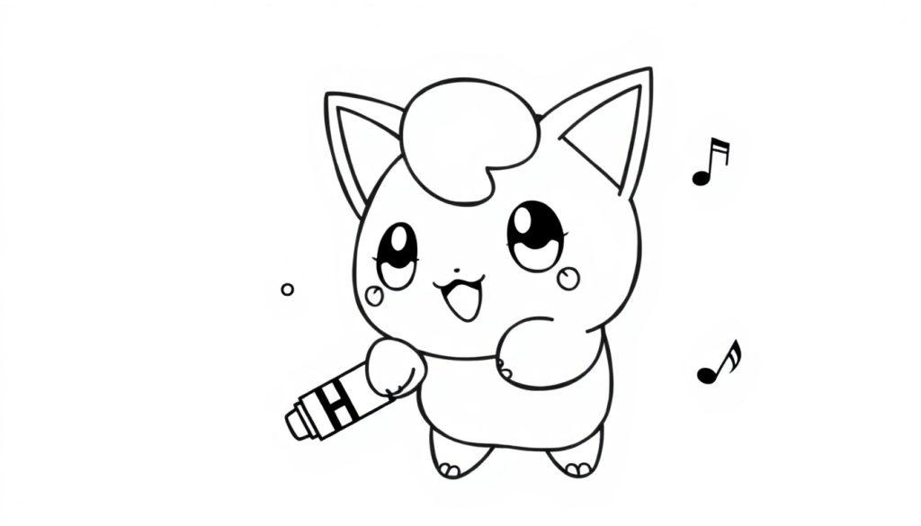 Niedliche, rundliche Cartoon-Figur in Schwarz-Weiß mit großen Augen, lockigem Haar und einem Mikrofon mit 'H' darauf, umgeben von Musiknoten.