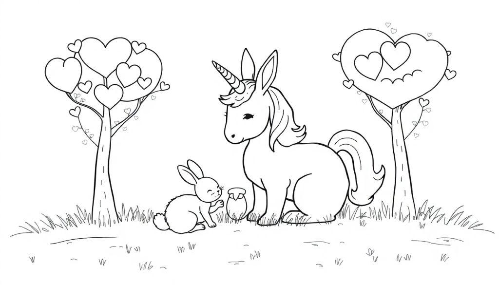 Malvorlage eines niedlichen Einhorns und eines kleinen Kaninchens, die im Gras sitzen, mit Bäumen, deren Kronen aus Herzen bestehen.