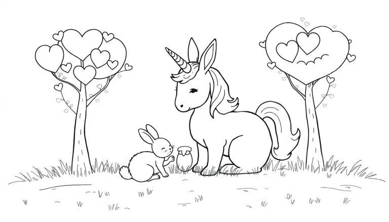Malvorlage eines niedlichen Einhorns und eines kleinen Kaninchens, die im Gras sitzen, mit Bäumen, deren Kronen aus Herzen bestehen.