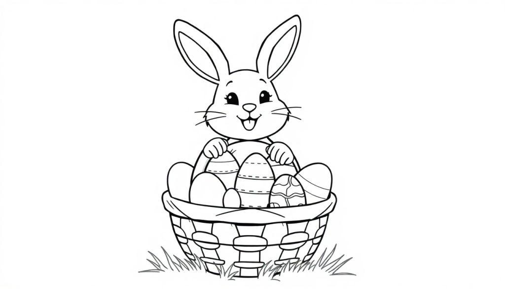 Schwarz-weiße Ausmalvorlage eines niedlichen Osterhasen, der aus einem Korb voller verzierter Ostereier schaut.