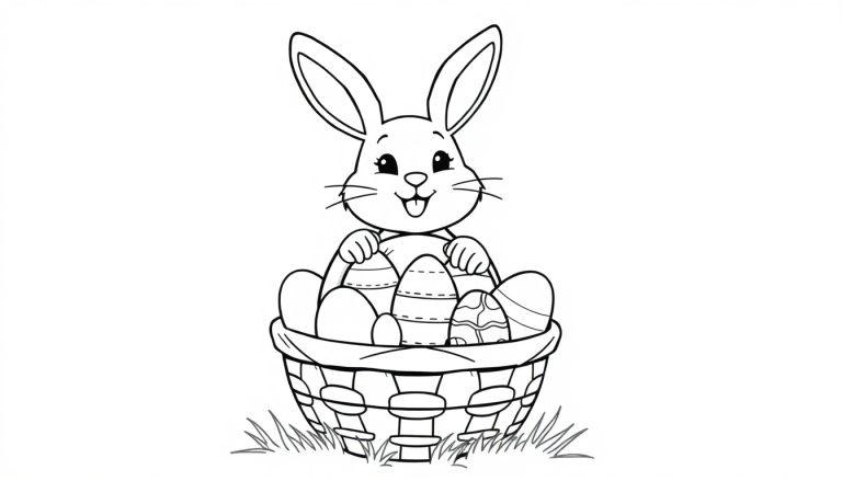 Schwarz-weiße Ausmalvorlage eines niedlichen Osterhasen, der aus einem Korb voller verzierter Ostereier schaut.