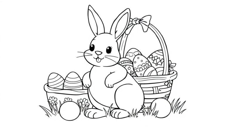 Niedlicher Osterhase sitzt zwischen zwei Ostertüten voller Eier, umgeben von Gras. Schwarz-Weiß-Strichzeichnung als Ausmalbild.