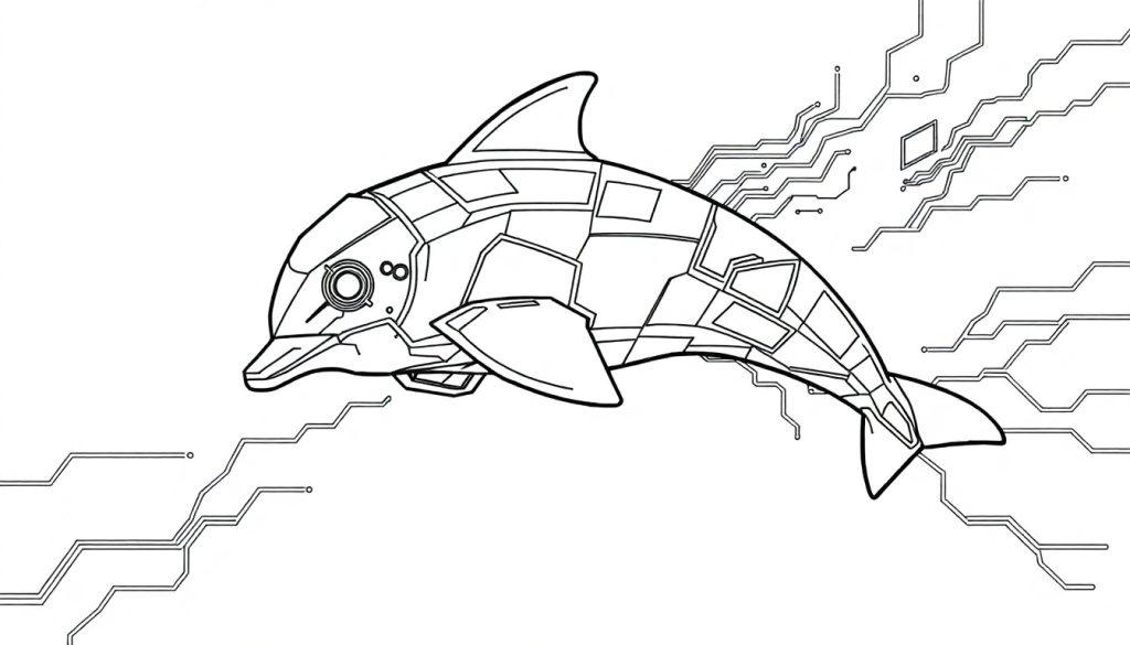 Schwarz-Weiß-Ausmalbild eines robotischen Delfins mit elektronischen Schaltkreisen, der im Wasser aufsteigt.