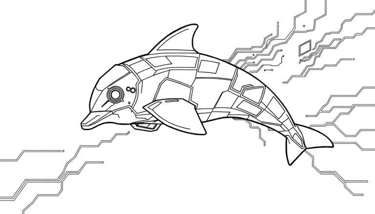 Schwarz-Weiß-Ausmalbild eines robotischen Delfins mit elektronischen Schaltkreisen, der im Wasser aufsteigt.