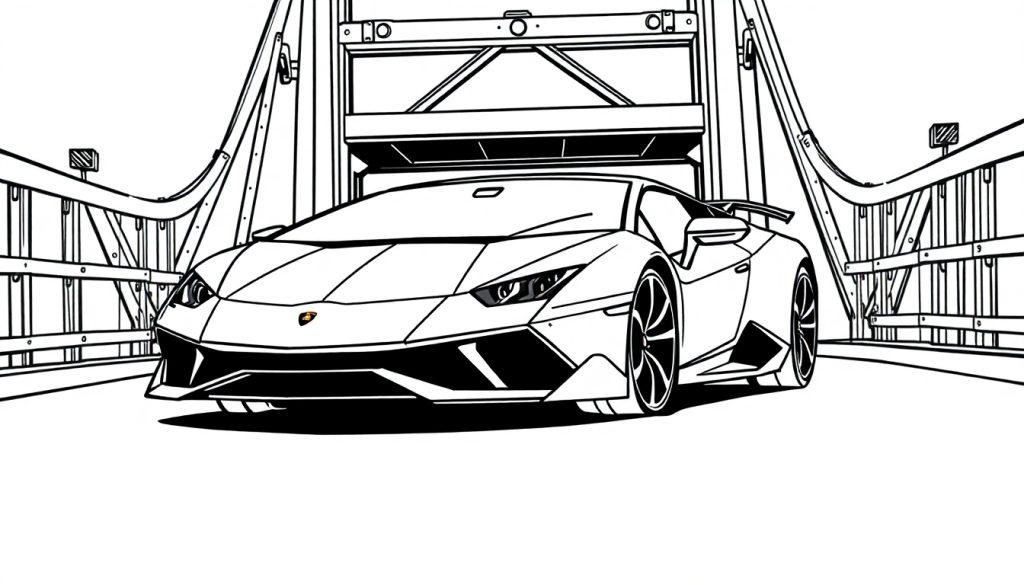 Schwarz-Weiß-Ausmalbild eines modernen Sportwagens im Lamborghini-Stil, der frontal und leicht schräg auf einer Brücke steht. Detaillierte Umrisszeichnung mit Brückenstrukturen und mechanischen Elementen im Hintergrund.
