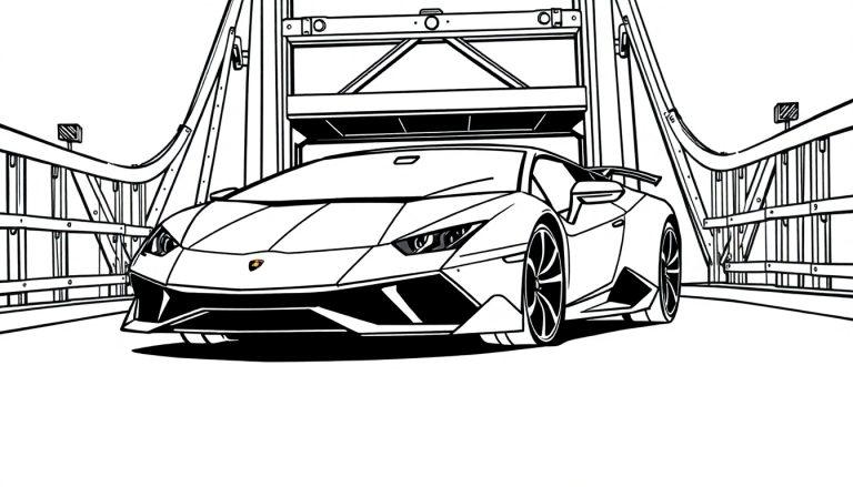 Schwarz-Weiß-Ausmalbild eines modernen Sportwagens im Lamborghini-Stil, der frontal und leicht schräg auf einer Brücke steht. Detaillierte Umrisszeichnung mit Brückenstrukturen und mechanischen Elementen im Hintergrund.