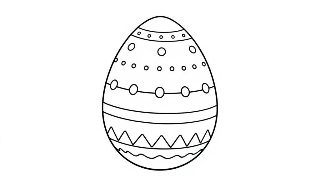 Schwarz-Weiß-Strichzeichnung eines Ostereis mit horizontalen Mustern wie Punkten, Kreisen, Linien, Zickzack und Wellen.