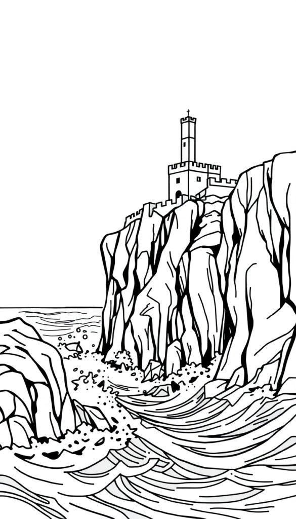 Schwarz-Weiß-Strichzeichnung einer mittelalterlichen Burg mit hohem Turm und Zinnen, die auf einer steilen Felsenklippe über einem stürmischen Meer steht. Detaillierte Darstellung von Felsen und Wellen.