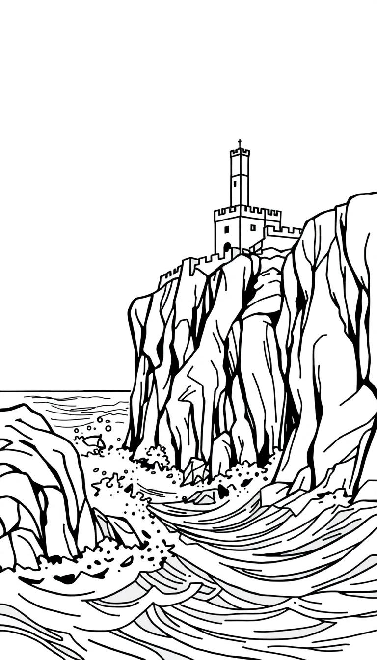 Schwarz-Weiß-Strichzeichnung einer mittelalterlichen Burg mit hohem Turm und Zinnen, die auf einer steilen Felsenklippe über einem stürmischen Meer steht. Detaillierte Darstellung von Felsen und Wellen.