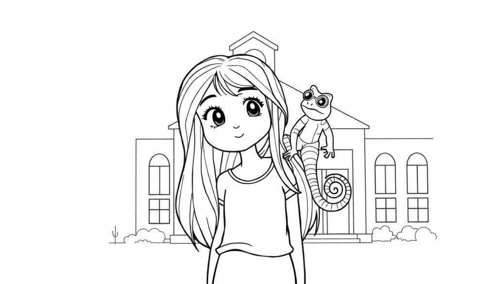 Ausmalseite mit einem jungen Mädchen, das ein Chamäleon auf der Schulter hält, vor einem süßen Gebäude mit Spitzdach und Büschen im Hintergrund. Klare Strichzeichnung im Cartoon-Stil.