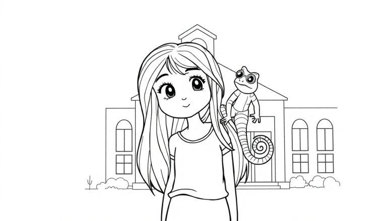 Ausmalseite mit einem jungen Mädchen, das ein Chamäleon auf der Schulter hält, vor einem süßen Gebäude mit Spitzdach und Büschen im Hintergrund. Klare Strichzeichnung im Cartoon-Stil.