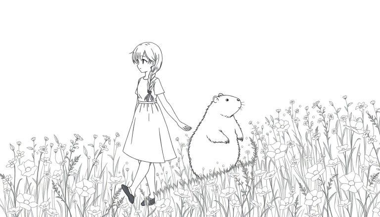 Ausmalbild mit einem Anime-Mädchen und einem Nagetier in einer Blumenwiese, detaillierte Strichzeichnung.