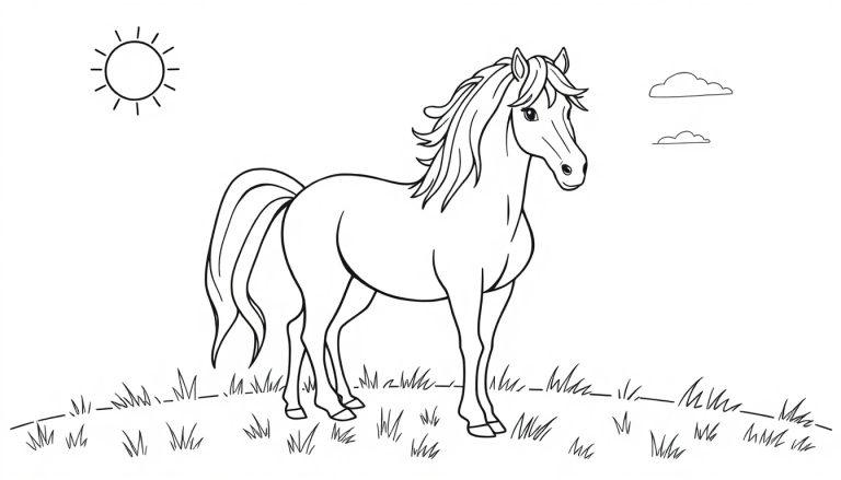 Schwarz-Weiß-Strichzeichnung eines niedlichen Pferdes mit langer Mähne und Schweif, das auf einer Wiese steht. Oben links ist eine Sonne mit Strahlen und oben rechts sind zwei Wolken zu sehen.