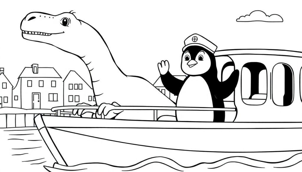 Ausmalbild einer Szene mit einem großen, lächelnden Dinosaurier und einem kleinen Pinguin in Kapitänsmütze, die gemeinsam auf einem Boot mit runden Fenstern fahren. Im Hintergrund sind Häuser am Ufer und eine kleine Wolke am Himmel zu sehen.