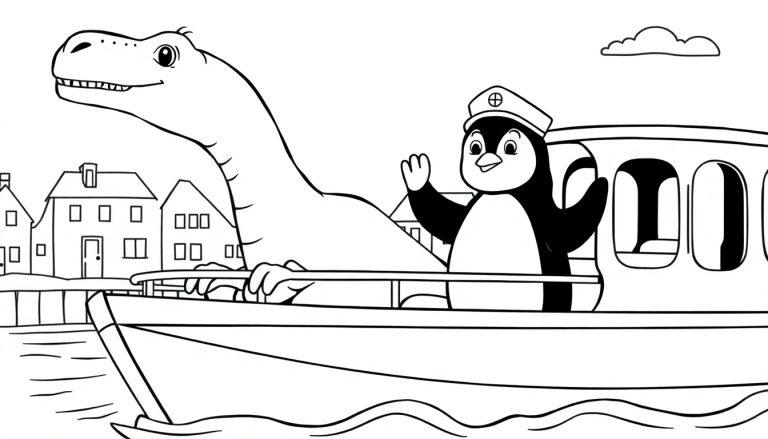 Ausmalbild einer Szene mit einem großen, lächelnden Dinosaurier und einem kleinen Pinguin in Kapitänsmütze, die gemeinsam auf einem Boot mit runden Fenstern fahren. Im Hintergrund sind Häuser am Ufer und eine kleine Wolke am Himmel zu sehen.