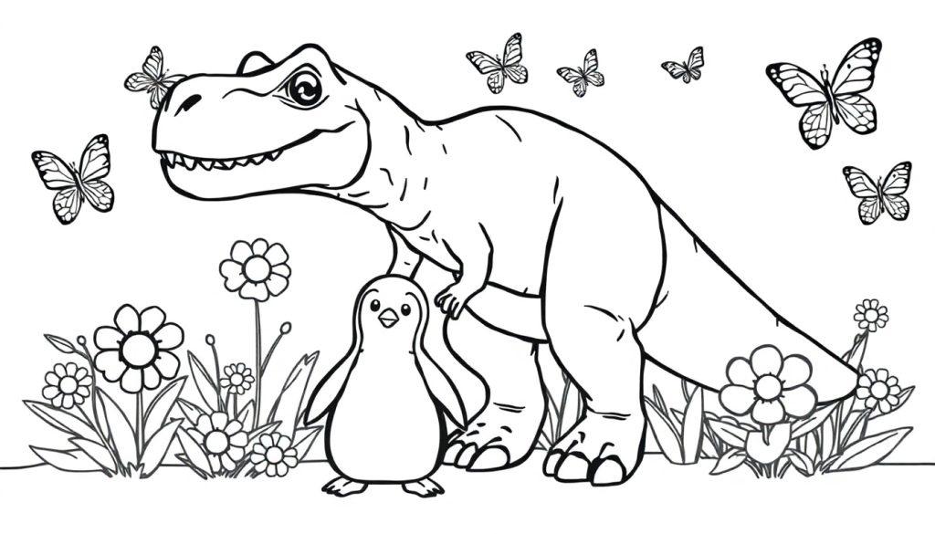 Ausmalbild mit einem großen, freundlichen Tyrannosaurus Rex, der seinen Kopf neigt, und einem kleinen Pinguin, der ihn anschaut. Um sie herum sind viele Blumen, Gräser und sieben Schmetterlinge in der Luft.