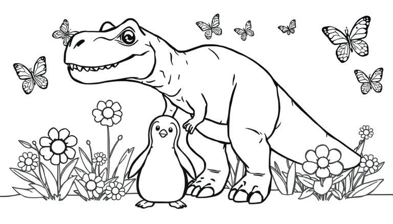 Ausmalbild mit einem großen, freundlichen Tyrannosaurus Rex, der seinen Kopf neigt, und einem kleinen Pinguin, der ihn anschaut. Um sie herum sind viele Blumen, Gräser und sieben Schmetterlinge in der Luft.