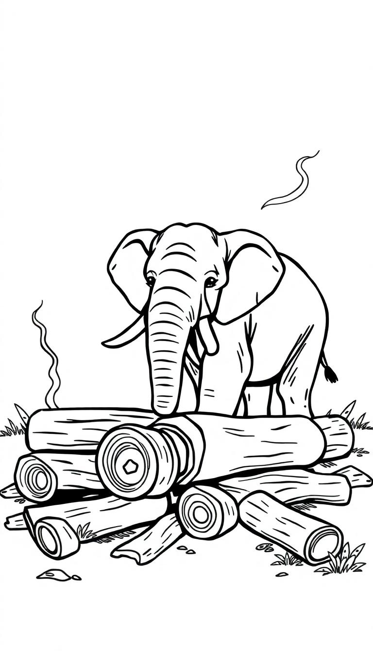 Schwarz-Weiß-Ausmalbild eines Elefanten, der vor einem Stapel Holzstämmen steht, mit Gras und geschwungenen Linien im Hintergrund.