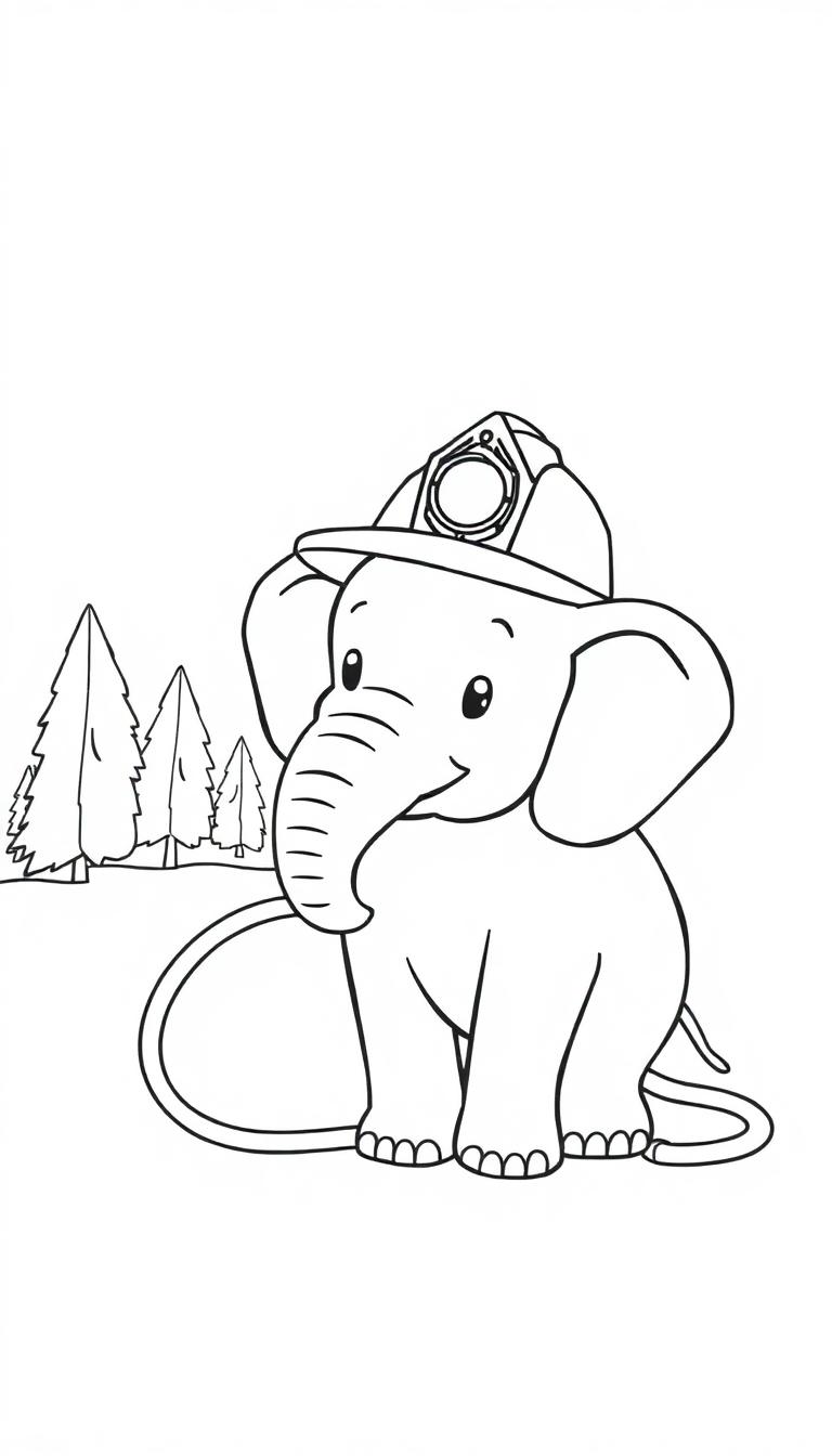 Ausmalbild: Ein lächelnder Cartoon-Elefant mit Feuerwehrmannhelm und Rüssel nach oben, im Wald mit Tannenbäumen.