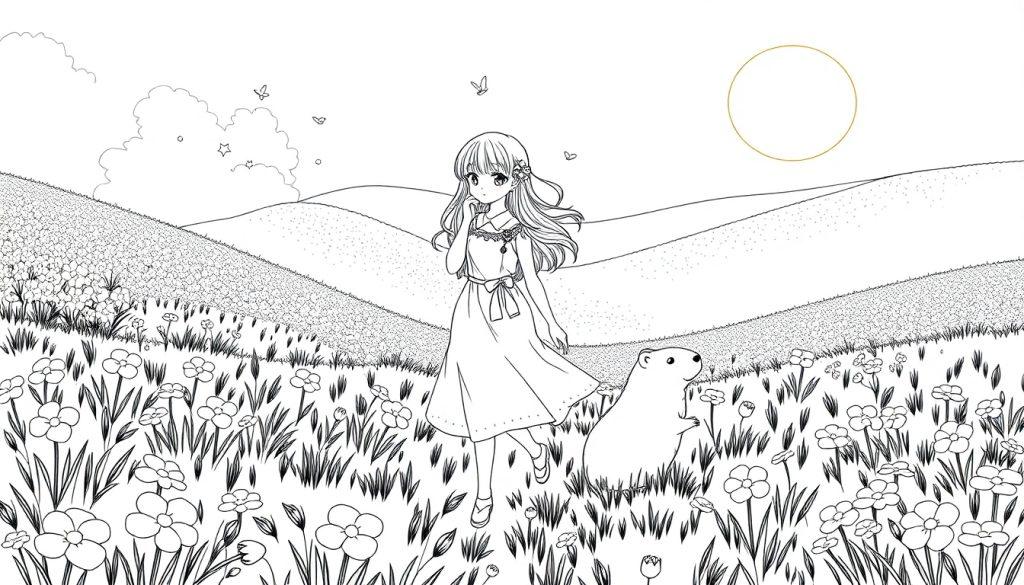 Schwarz-Weiß-Ausmalbild einer Anime-Figur, die in einer Blumenwiese steht, mit einem Murmeltier und einem sonnenähnlichen Kreis am Himmel.