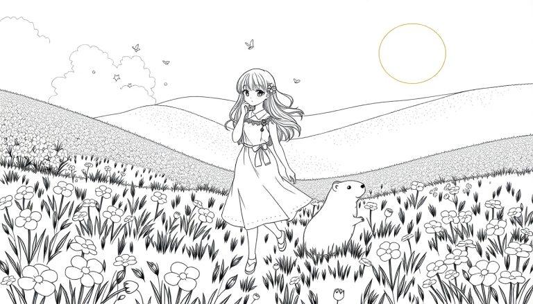 Schwarz-Weiß-Ausmalbild einer Anime-Figur, die in einer Blumenwiese steht, mit einem Murmeltier und einem sonnenähnlichen Kreis am Himmel.