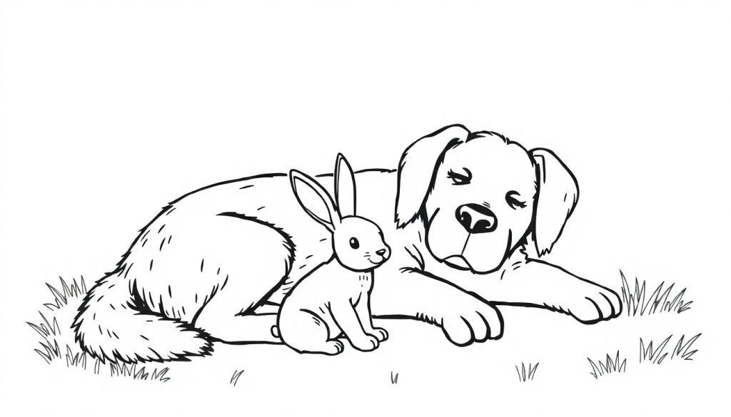 Ausmalbild mit einem großen, entspannt liegenden Hund und einem aufrecht sitzenden kleinen Kaninchen auf einer grasbewachsenen Fläche. Der Hund hat Schlappohren und schläft, das Kaninchen blickt aufmerksam nach vorne.
