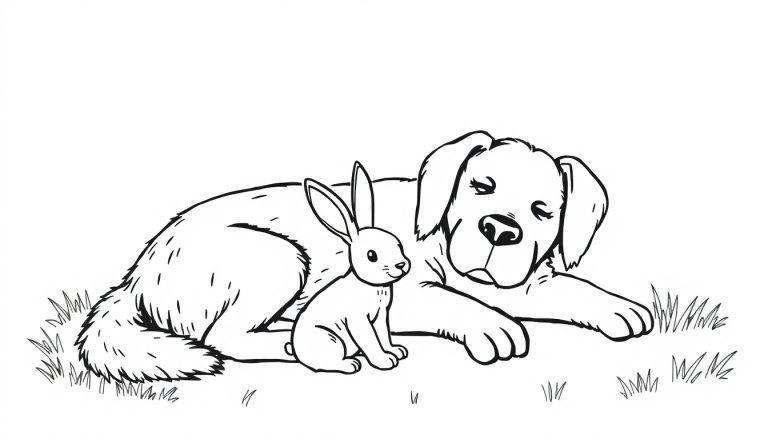 Ausmalbild mit einem großen, entspannt liegenden Hund und einem aufrecht sitzenden kleinen Kaninchen auf einer grasbewachsenen Fläche. Der Hund hat Schlappohren und schläft, das Kaninchen blickt aufmerksam nach vorne.