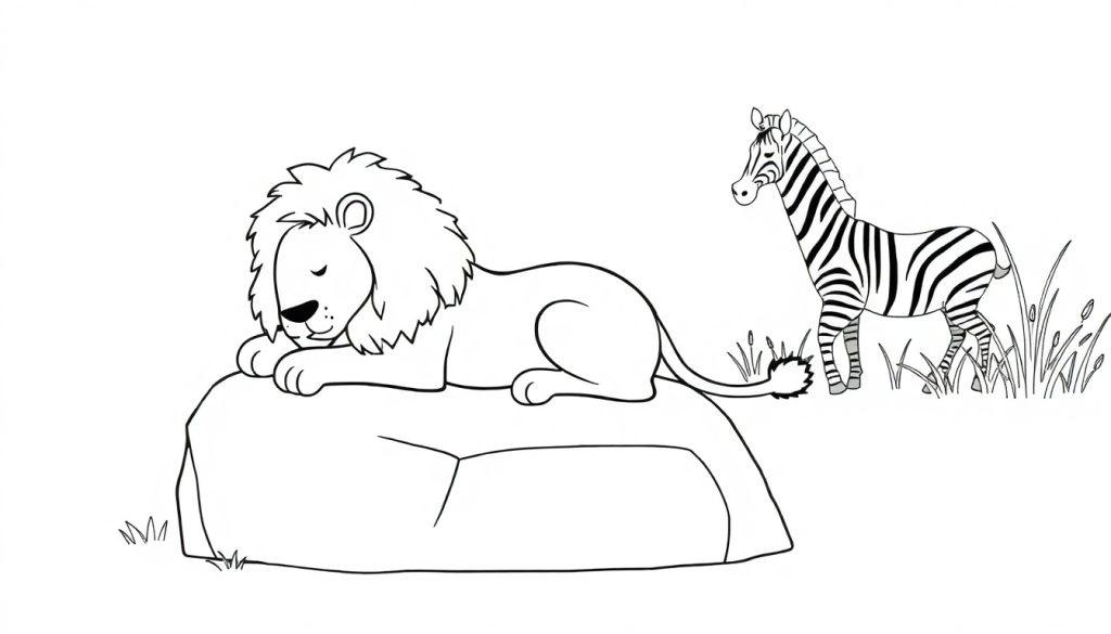 Ausmalbild mit einem Cartoon-Löwen, der auf einem Felsen schläft, und einem Cartoon-Zebra, das daneben im Gras steht, umgeben von Savannenpflanzen.