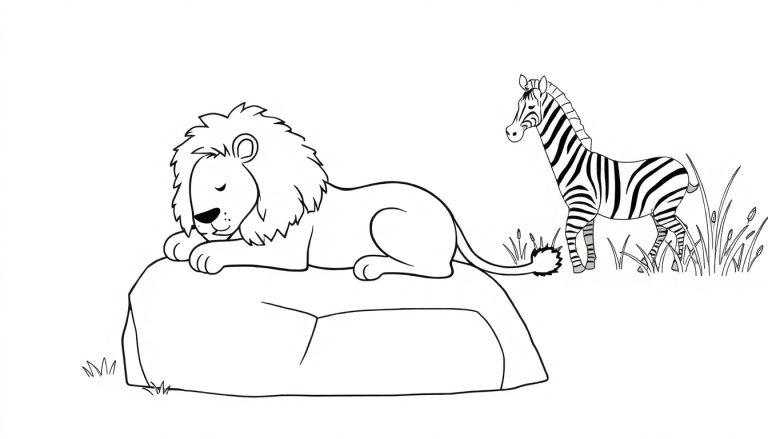 Ausmalbild mit einem Cartoon-Löwen, der auf einem Felsen schläft, und einem Cartoon-Zebra, das daneben im Gras steht, umgeben von Savannenpflanzen.