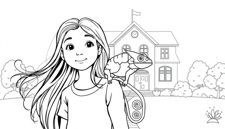 Ausmalbild eines lächelnden Mädchens mit langen Haaren und einem Chamäleon auf der Schulter, vor einer Schule mit hügeliger Landschaft.