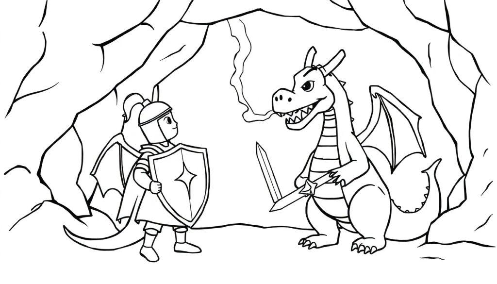 Ausmalbild einer Höhlenszene mit einem kleinen Ritter, der kleine Drachenflügel hat und einem großen Drachen, der ein Schwert hält. Beide blicken sich gegenüber.