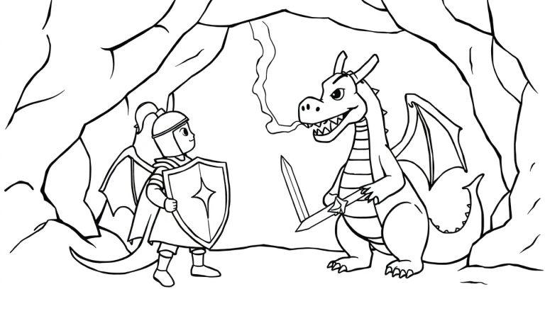 Ausmalbild einer Höhlenszene mit einem kleinen Ritter, der kleine Drachenflügel hat und einem großen Drachen, der ein Schwert hält. Beide blicken sich gegenüber.