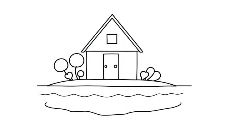 Schwarz-weiße Strichzeichnung einer einfachen Ausmalvorlage eines Hauses auf einer kleinen Insel mit Pflanzen und Wasser.