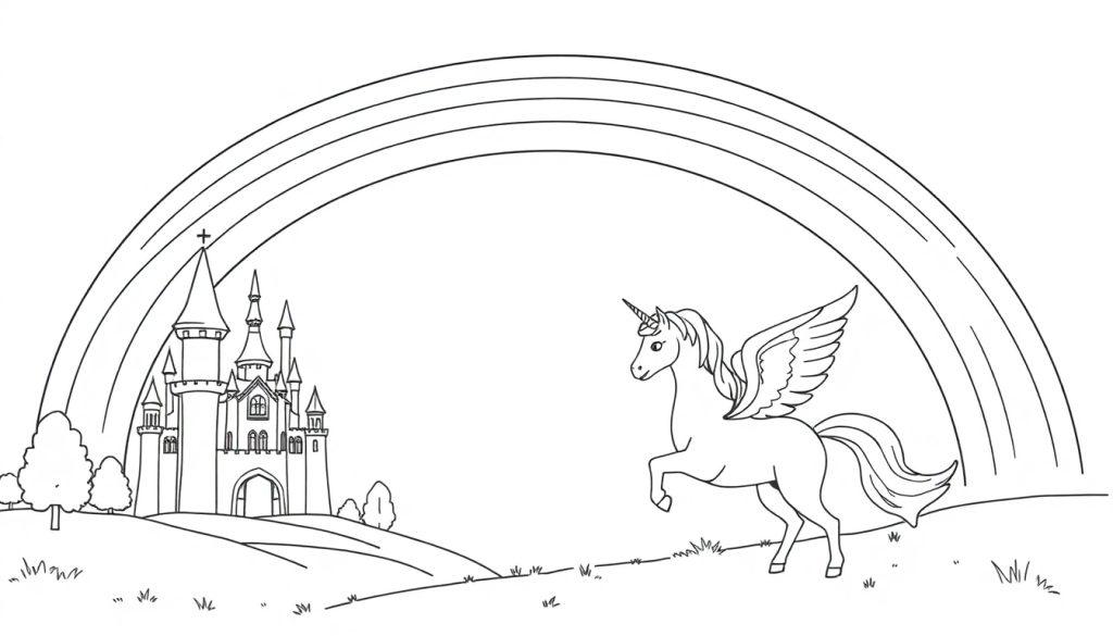 Ausmalbild: Ein großes Märchenschloss mit Türmen und Fenstern auf einem Hügel links, ein Regenbogen darüber und ein geflügeltes Einhorn mit Horn und Flügeln auf einem Hügel rechts.