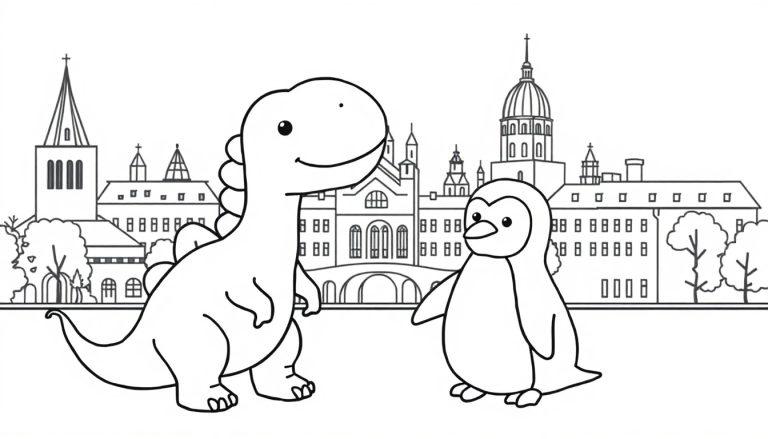 Malvorlage mit einem lächelnden Cartoon-Dinosaurier links und einem Pinguin rechts vor einer Stadtkulisse mit Kirche, Arkadengängen und einer Kuppel.