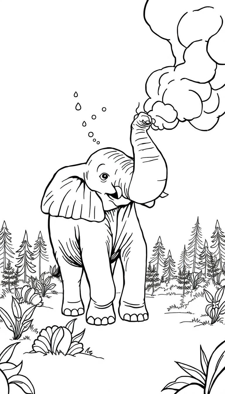 Eine schwarz-weiße Malvorlage eines lächelnden Elefanten, der mit seinem Rüssel eine große Wolke in eine Waldkulisse pustet, mit schwebenden Blasen und Nadelbäumen im Hintergrund.